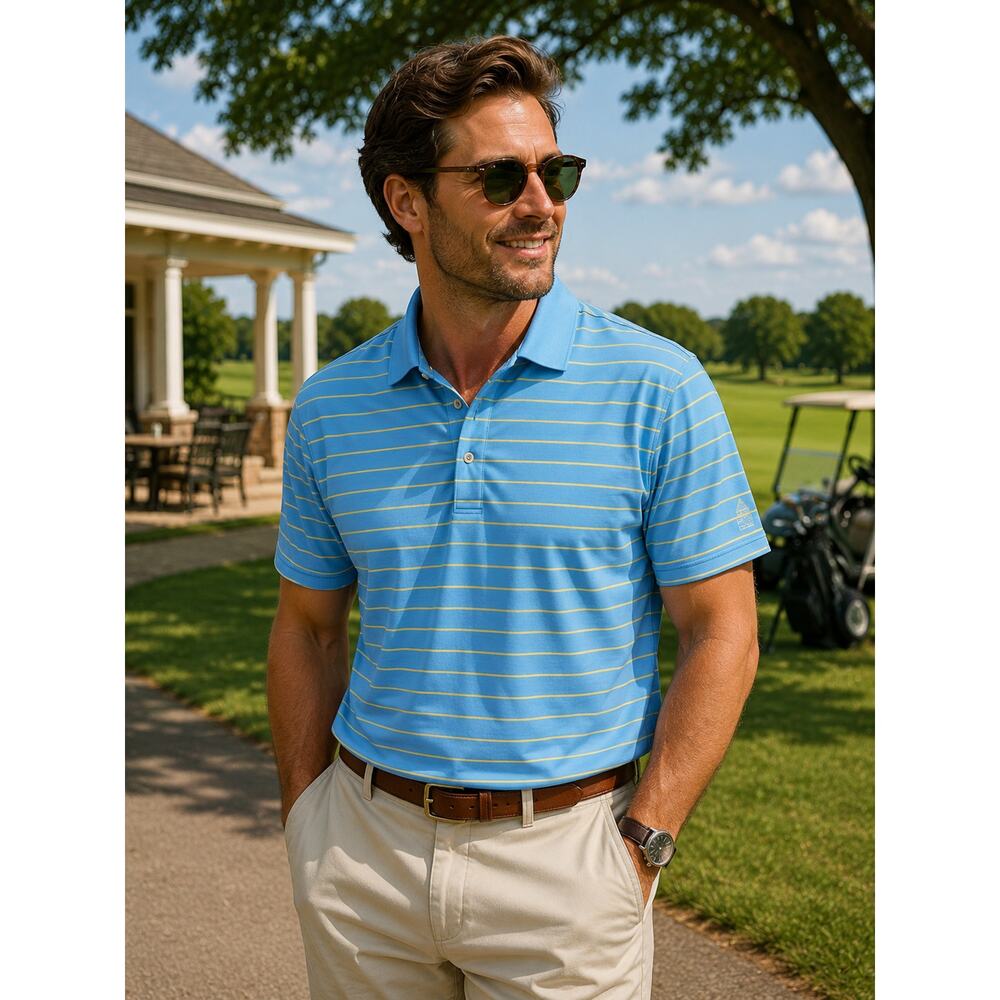 Peter Millar Summer Comfort Polo Shirt Blue Yellow‎ Bayville Golf Club Men's XL